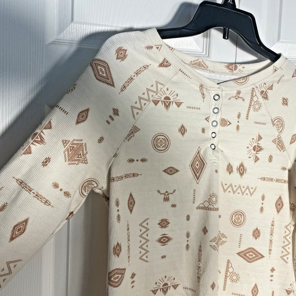 Rank 45 Shirt Men Large Beige Aztech Geo Native Print Waffle Knit Base Layer - Picture 2 of 12